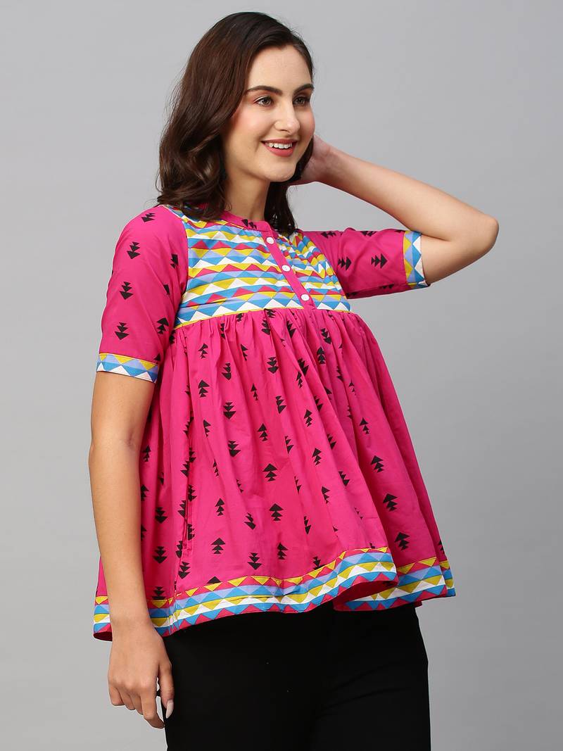 Women Pink & Black Pure Cotton Printed A-Line Top
