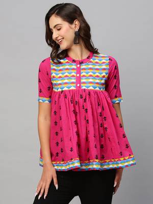 Women Pink & Black Pure Cotton Printed A-Line Top 3