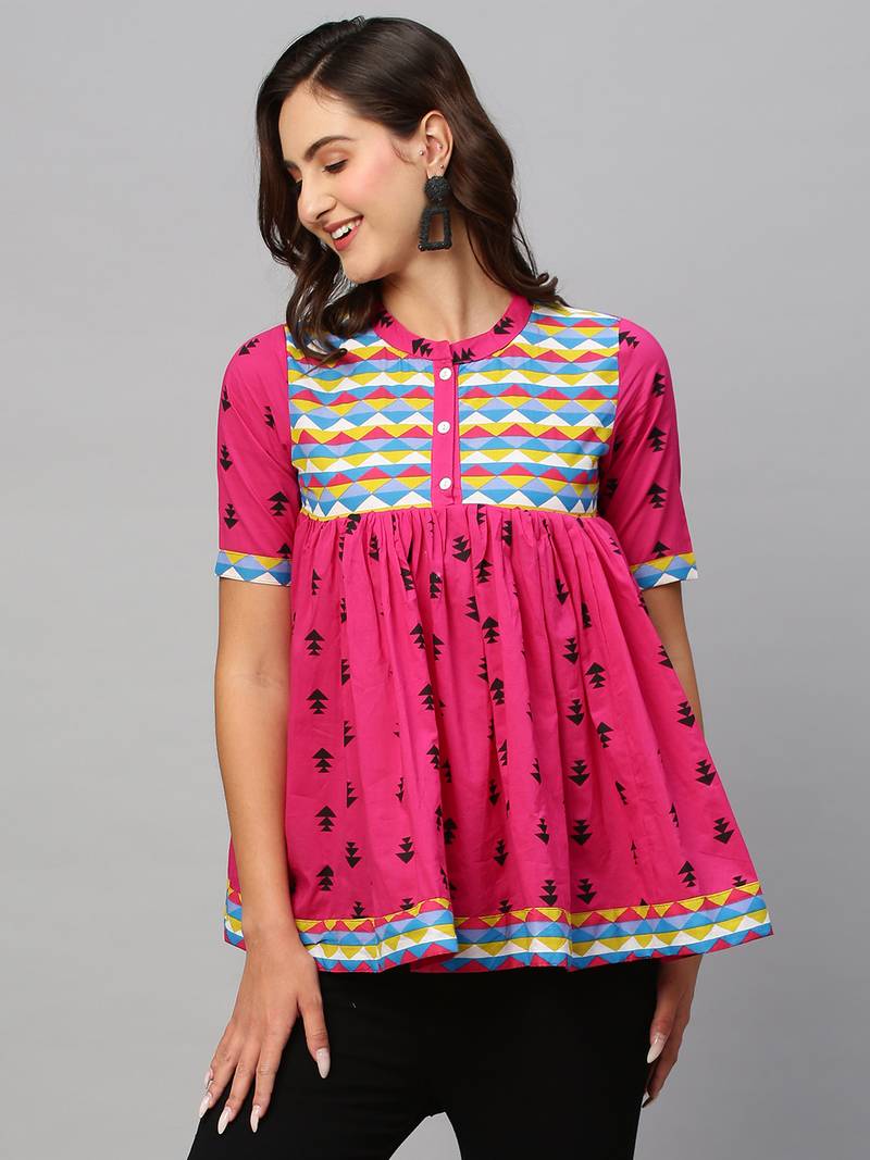 Women Pink & Black Pure Cotton Printed A-Line Top