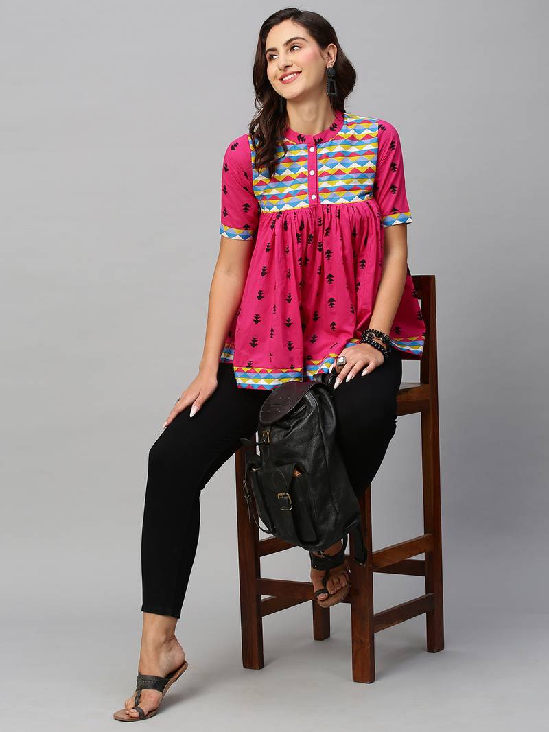 Women Pink & Black Pure Cotton Printed A-Line Top