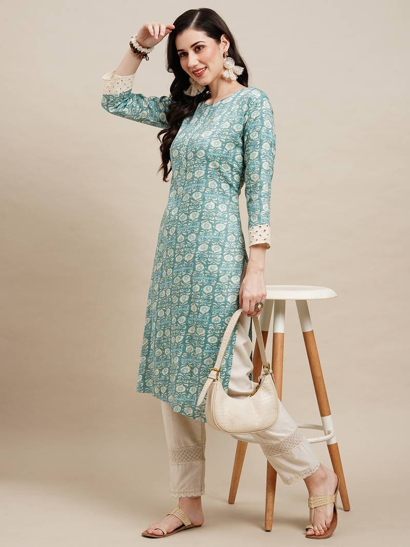 Light Blue Poly Rayon Floral Printed Straight Kurta