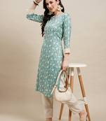 Light Blue Poly Rayon Floral Printed Straight Kurta