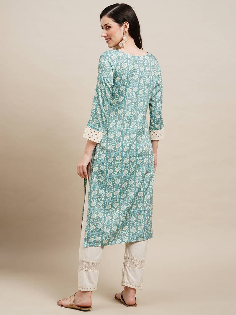 Light Blue Poly Rayon Floral Printed Straight Kurta