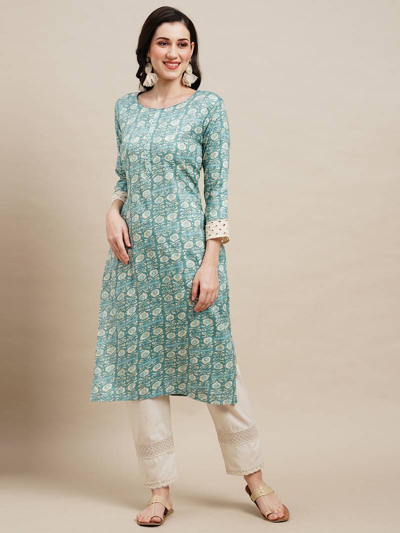 Light Blue Poly Rayon Floral Printed Straight Kurta