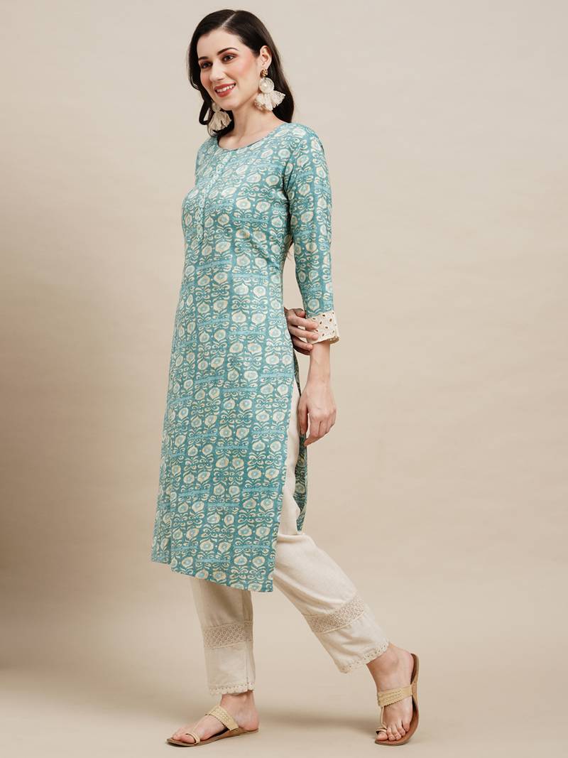 Light Blue Poly Rayon Floral Printed Straight Kurta