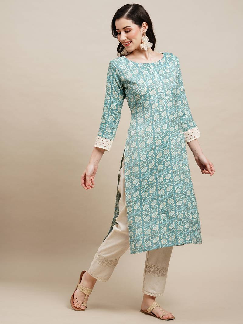 Light Blue Poly Rayon Floral Printed Straight Kurta