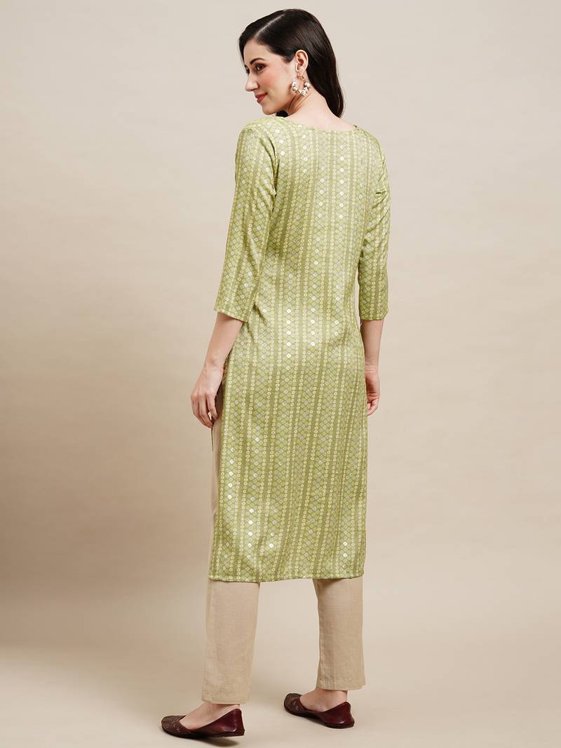 Green Poly Rayon Bandhani Printed Straight Kurta