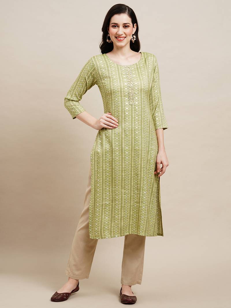 Green Poly Rayon Bandhani Printed Straight Kurta
