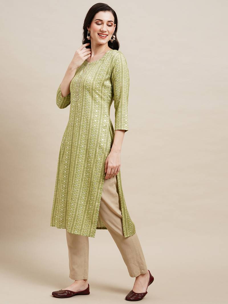 Green Poly Rayon Bandhani Printed Straight Kurta