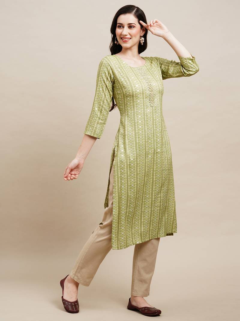 Green Poly Rayon Bandhani Printed Straight Kurta