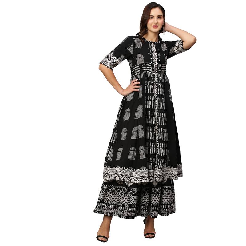 Black & White Pure Cotton Printed Kurta with Palazzos