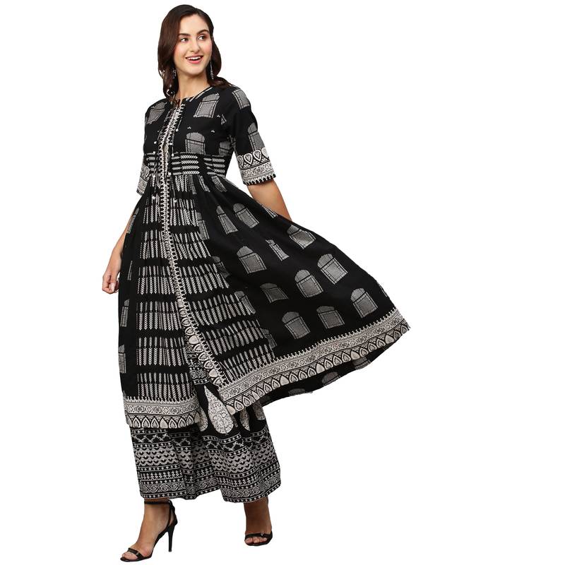 Black & White Pure Cotton Printed Kurta with Palazzos