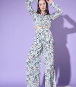 Blue Crepe Digital Printed Top with Matching Trouser