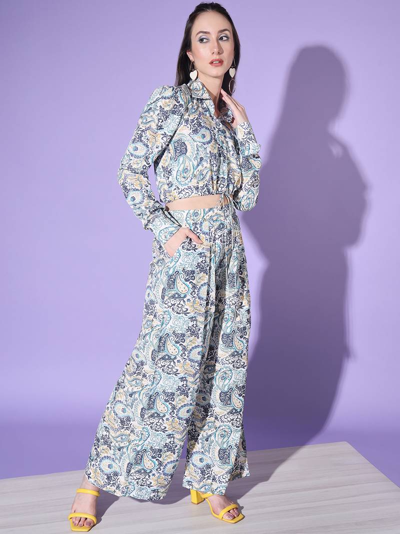 Blue Crepe Digital Printed Top with Matching Trouser