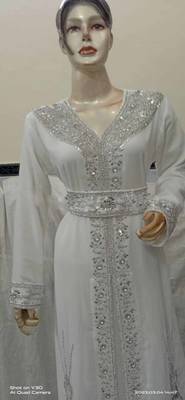 Grand White Georgette Kaftan Gown with Silver Zari & Stone Work | Luxury Wedding & Event Wear 2