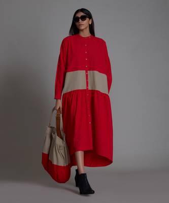 Red & beige band dress 1