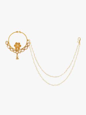 Women 24 ct gold-plated stone-studded with whit pearls chained nose ring 5