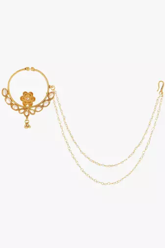 Women 24 ct gold-plated stone-studded with whit pearls chained nose ring
