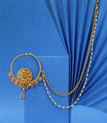 Women 24 ct gold-plated stone-studded with whit pearls chained nose ring