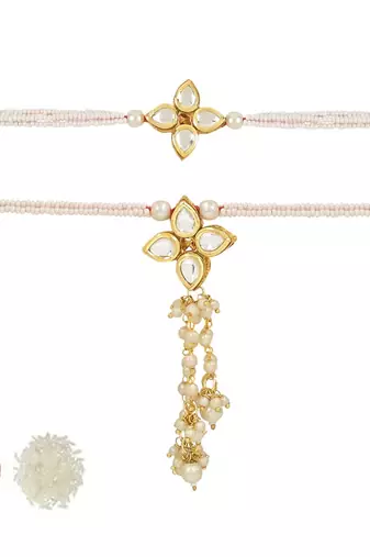 rakshabhandhan special kundan bhaiya bhabhi pearl hanging lumba bracelet rakhi combo set with roli chawal