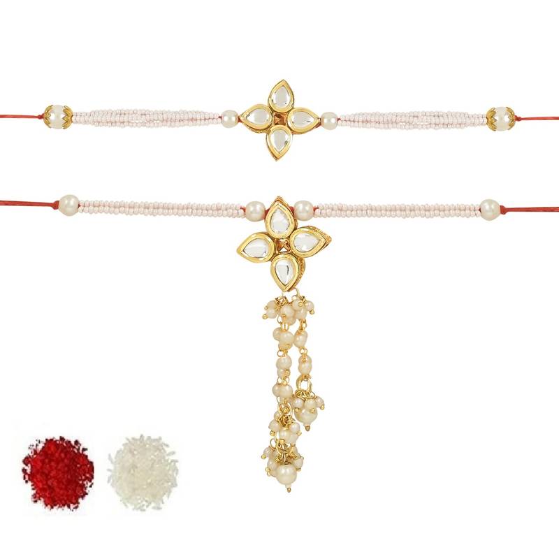 rakshabhandhan special kundan bhaiya bhabhi pearl hanging lumba bracelet rakhi combo set with roli chawal