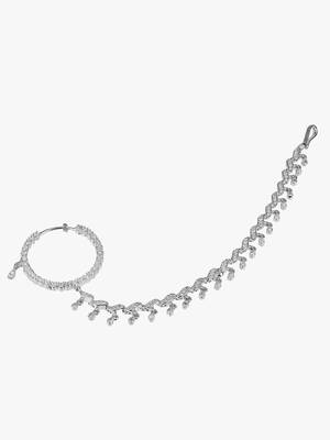 Rhodium plated american diamond nath with chain nose ring 5