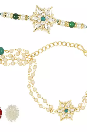 rakshabhandhan special kundan bhaiya bhabhi pearl hanging lumba bracelet rakhi combo set with roli chawal