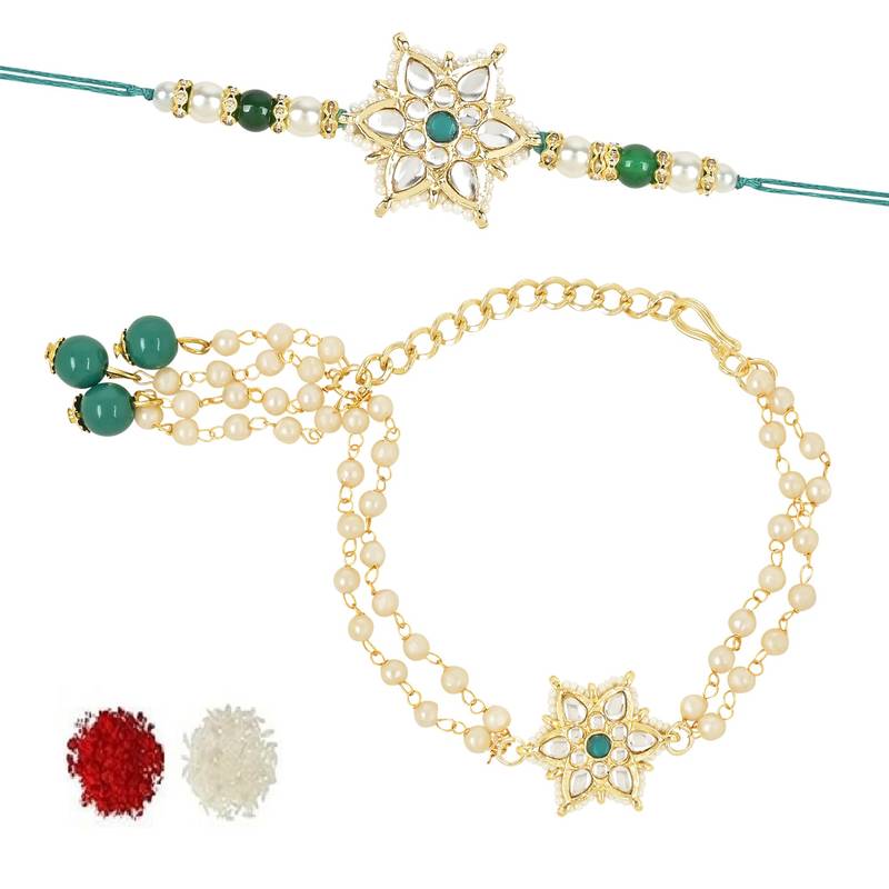 rakshabhandhan special kundan bhaiya bhabhi pearl hanging lumba bracelet rakhi combo set with roli chawal