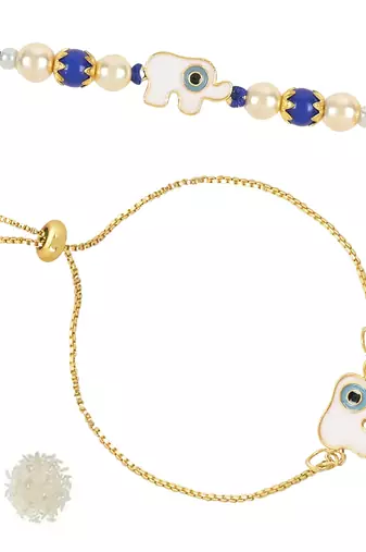rakshabhandhan special designer white elephant enamel evil eye bhaiya bhabhi lumba bracelet rakhi combo set