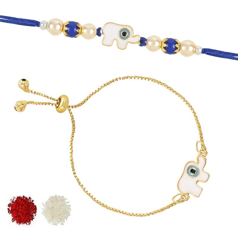 rakshabhandhan special designer white elephant enamel evil eye bhaiya bhabhi lumba bracelet rakhi combo set