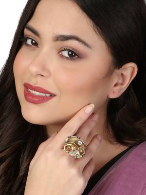 Women 24ct gold-plated stone-studded pearl-beaded handcrafted finger ring 4