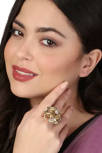 Women 24ct gold-plated stone-studded pearl-beaded handcrafted finger ring