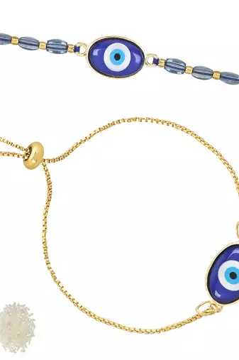 rakshabhandhan special designer enamel evil eye bhaiya bhabhi lumba bracelet rakhi combo set with roli chawal