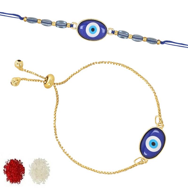 rakshabhandhan special designer enamel evil eye bhaiya bhabhi lumba bracelet rakhi combo set with roli chawal