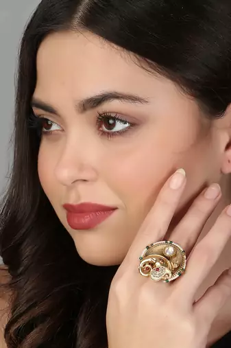 Women 24ct gold-plated stone-studded pearl-beaded handcrafted finger ring