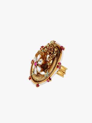 Women 24ct gold-plated kundan studded pearl-beaded handcrafted flower finger ring 2