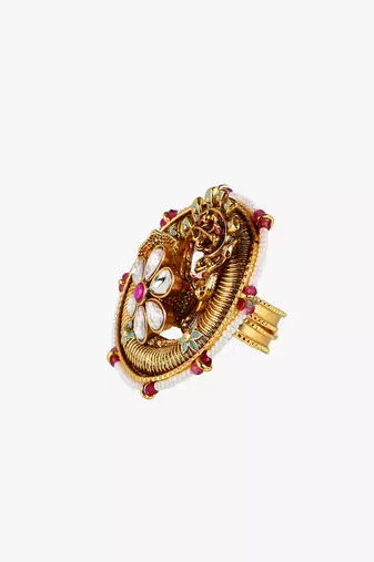 Women 24ct gold-plated kundan studded pearl-beaded handcrafted flower finger ring