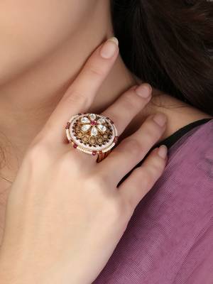 Women 24ct gold-plated kundan studded pearl-beaded handcrafted flower finger ring 3