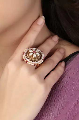 Women 24ct gold-plated kundan studded pearl-beaded handcrafted flower finger ring