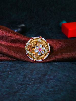 Women 24ct gold-plated kundan studded pearl-beaded handcrafted flower finger ring 4
