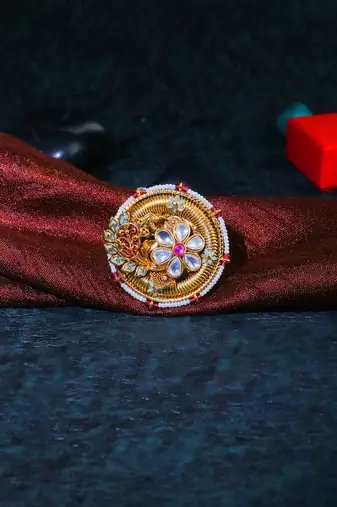 Women 24ct gold-plated kundan studded pearl-beaded handcrafted flower finger ring