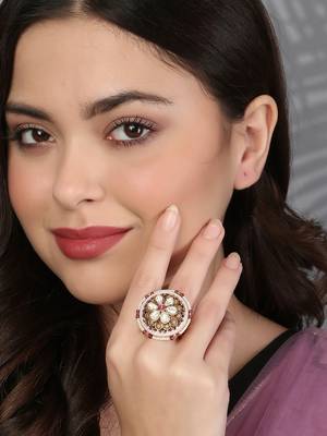 Women 24ct gold-plated kundan studded pearl-beaded handcrafted flower finger ring 5