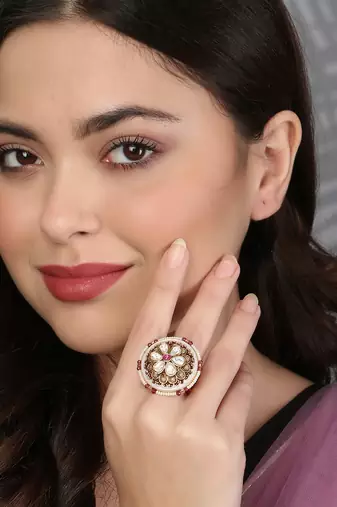 Women 24ct gold-plated kundan studded pearl-beaded handcrafted flower finger ring