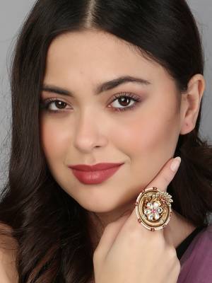 Women 24ct gold-plated kundan studded pearl-beaded handcrafted flower finger ring 5