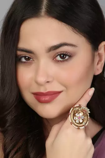 Women 24ct gold-plated kundan studded pearl-beaded handcrafted flower finger ring