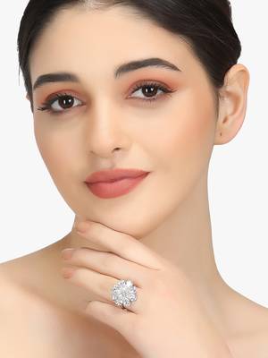 White rhodium-plated ad studded floral adjustable finger ring 2