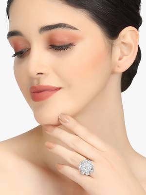 White rhodium-plated ad studded floral adjustable finger ring 3
