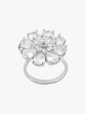 White rhodium-plated ad studded floral adjustable finger ring 5