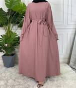 Plan Abaya with Belt and Large Sleeves Pink Color with Dupatta in Firdous Material