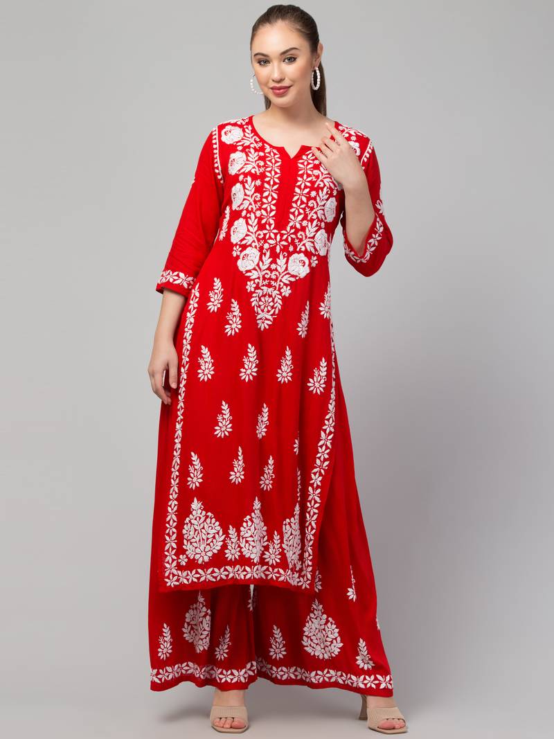 Shwet Women Red Chikankari Angarkha Top